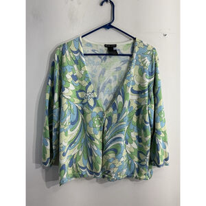 Womans NY & Co Cardigan Sweater Floral V Neck 3/4 Sleeve 1 Button Close XL
